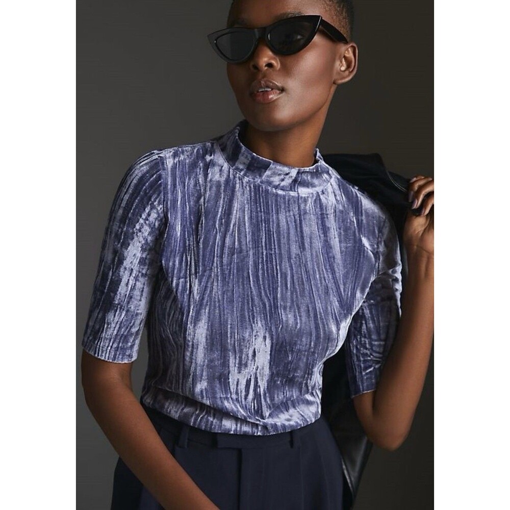 Anthropologie Pilcro Velveteen Mock-Neck Top Size Small Gray Slate Stretch